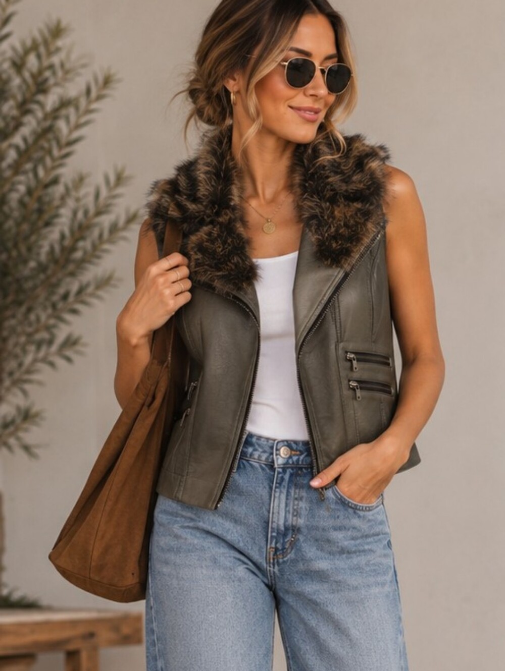 Maurices Edgy Greenish Brown Faux Leather Moto Vest Faux Fur Collar Size M